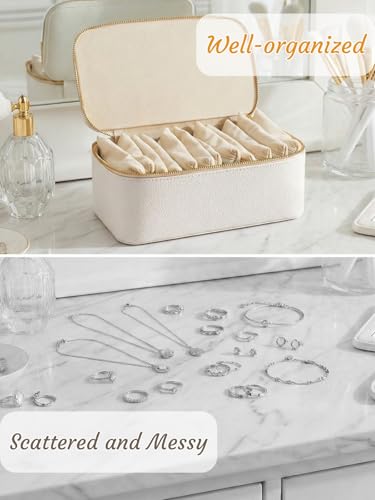 Hacaroa Large Travel Jewelry Case with 12 Velvet Pouches, 8.3 x 4.5 x 3.5 inches Jewelry Storage Organizer Box PU Leather, Clear Necklace Earrings Rings Bags for Women Wedding Gifts, Cream White