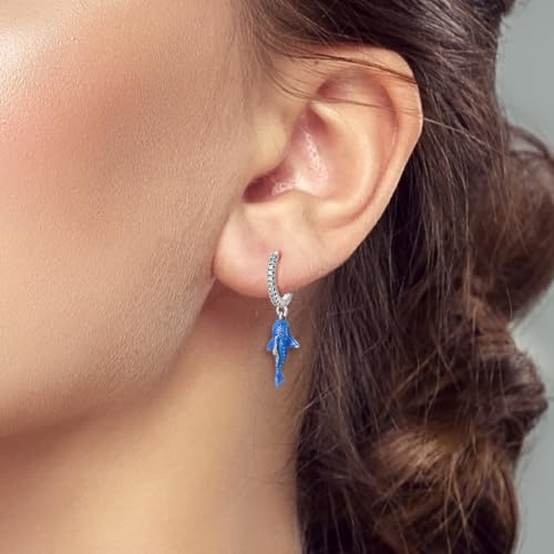 925 Sterling Silver Dangle Whale Shark Butterfly Bow Earrings for Women | Hypoallergenic Huggie Hoop Drop Cross Earrings for Sensitive Ears, Cubic Zirconia Statement Trendy Jewelry Birthday Gifts - color: Blue Whale Shark Earrings