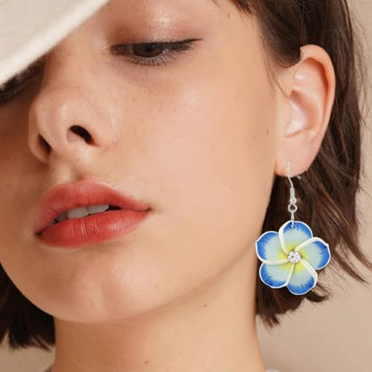 Floral Dangle Earrings for Women Hawaiian Tropical Plumeria Rubra Flower Drop Earrings with Cubic Zirconia Luau Beach Party Vacation Hawaiian Accessories Jewelry Gift - color: Light Blue