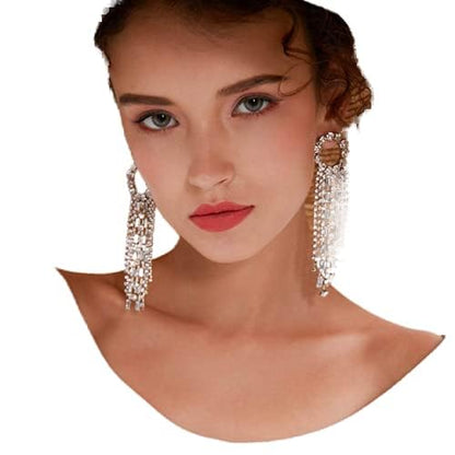 Fashion Women Earrings Silver Tassel Full Rhinestones Ring Long Chain Drop Dangle Earrings Jewelry for Women