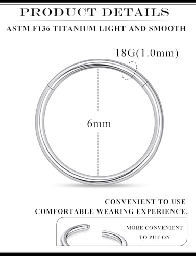 20G 18G 16G 14G 12G 10G 8G 6G 4G 2G Nose Rings Hoops Astm F136 Titanium Clicker Septum Lip Ring Tragus Helix Daith Rook Conch Snug Cartilage Lobe Earrings Hoop Piercing Jewelry For Women Men - size: 18G-6MM