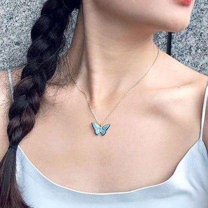 Gold Compass Charm Necklace for Women, Trendy Simple Dainty Inspirational Compass Butterfly Bow Knot Red Christmas Mug Sun Friendship Necklaces Graduation Gifts - style: Blue Butterfly