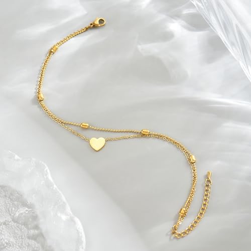 Ankle Bracelets for Women 18K Gold Plated Dainty Layering Anklets for Women Layered Twisted Rope Coin Chain Anklet Bracelets Waterproof Beach Summer Foot Jewelry - color: Layered Bead Heart-Gold