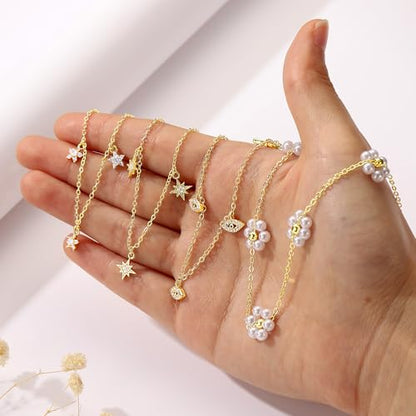 Ursteel 14K-Gold-Plated Necklace for Women Girls, Cute Daisy Pearl Necklace for Girls Clover Butterfly Cubic Zirconia Flower Evil Eye Station Necklaces for Women Teen Girl Gifts - color: Evil Eye Zircon
