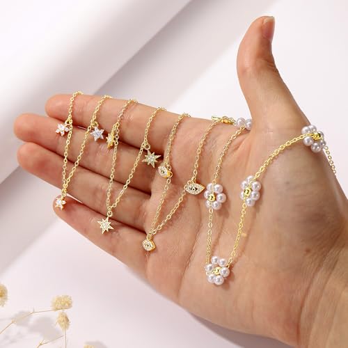 Ursteel 14K-Gold-Plated Necklace for Women Girls, Cute Daisy Pearl Necklace for Girls Clover Butterfly Cubic Zirconia Flower Evil Eye Station Necklaces for Women Teen Girl Gifts - color: Flower Zircon