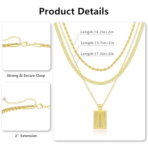 Layered Gold Silver Necklaces for Women, Stackable Stack 14K Real Gold Plated Silver Chain Necklace Diamond Circle CZ Layering Pendant Necklaces Trendy Gold Jewelry Set Gifts - color: gold, style: 3PC-Rectangle