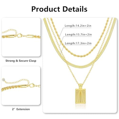 Layered Gold Silver Necklaces for Women, Stackable Stack 14K Real Gold Plated Silver Chain Necklace Diamond Circle CZ Layering Pendant Necklaces Trendy Gold Jewelry Set Gifts - color: gold, style: 3PC-Rectangle
