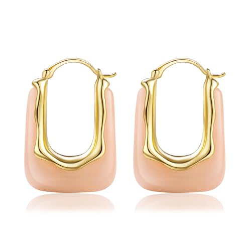 Resin Gold Hoop Earrings Chunky Statement Acrylic Huggie Dangle Fun Jewelry | Colorful Summer Hypoallergenic Drop U Hoops Boho Cute Western Vintage Unique Funky Beach Vacation Outfits for Women Trendy - color: Pink, size: Huggie
