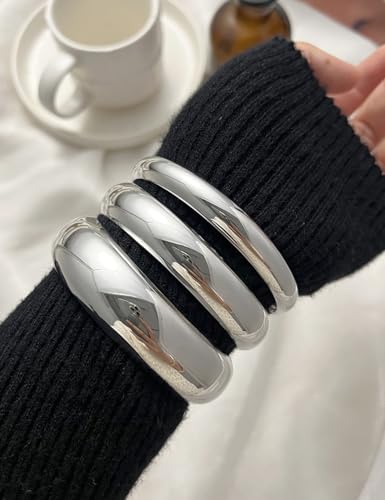Chunky Gold Bangle Bracelets for Women, Dainty 14k Gold Plated Big Stackable Bangles Set, Trendy Statement Cuff Bracelet Stack Fashion Jewelry Gifts - style: 3 Thick silver bangles