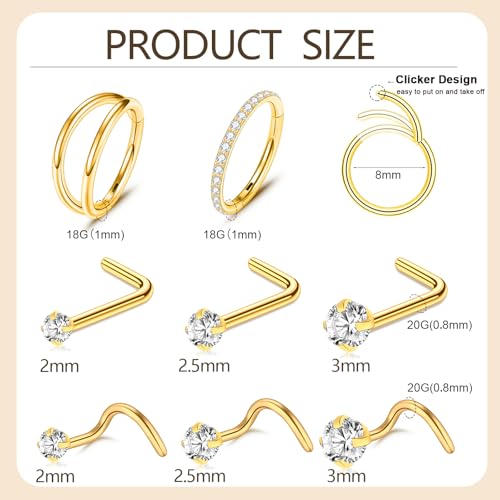 23-40 Pcs Gold Nose Rings & Studs - 18G & 20G Nose Piercing Jewelry - L Shape, Hoop & Screw Body Jewelry for Women & Men - color: Gold-18/20G-11Pcs
