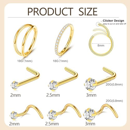 23-40 Pcs Gold Nose Rings & Studs - 18G & 20G Nose Piercing Jewelry - L Shape, Hoop & Screw Body Jewelry for Women & Men - color: Gold-18/20G-11Pcs