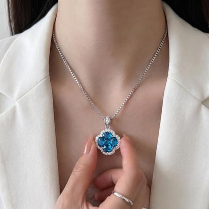 Green/Blue Zircon 4-Leaf Clover Jewelry Set – Necklace, Ring, Earrings – Women's Wedding & Evening Gift for Wife, Girlfriend, Mother – Comes with Gift Box - color: Blue Necklace
