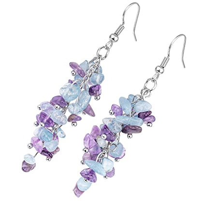 Nupuyai Natural Tumbled Stones Earrings for Women, Reiki Healing Crystal Long Dangle Hook Eardrop - color: #5-Purple & Blue