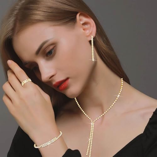 NEWITIN 15 Pieces Gold Jewelry Set for Women Wedding Costume Accessories | Hypoallergenic, Cubic Zirconia, CZ Necklaces Earrings Bracelets Ring, Crystal Jewelry for Wedding Bride Bridesmaid Party Prom - color: Elegant