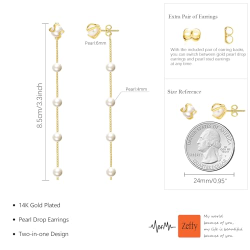 Pearl Earrings for Women 14k Gold/Silver Pearl Drop Earrings Long White Pearl Tassel Dangle Statement Earrings Bridal Wedding Dainty Prom Earrings Birthday Gifts Jewelry - color: Gold Caged Pearl Drop Earrings