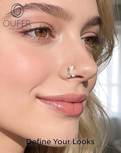 OUFER 2PCS Nose Rings Hoops, 20g Double Gem Horseshoe Threadless Nose Rings for Women, Septum Clicker Daith Tragus Helix Rook Eyebrow Lip Piercing Jewelry - color: Silver AB CZ