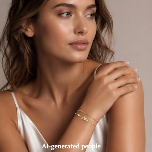 16K Gold Plated Bracelets Set for Women - Dainty Layered Adjustable Hand Chain Bracelet with Cubic Zirconia, Cute Jewelry Gift for Her, Waterproof Hypoallergenic - color: Love