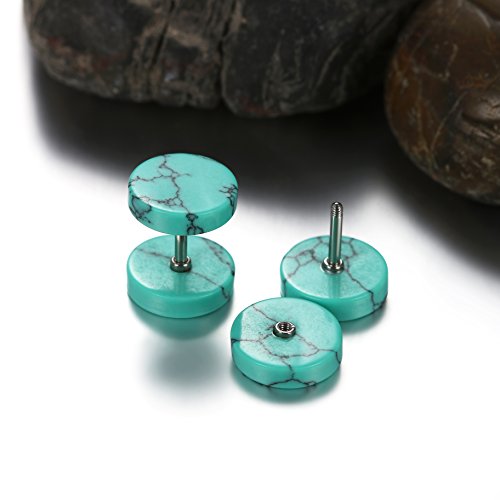 4 Pairs Unisex Marble Stone Screw Stud Earrings Set,Cupimatch Ear Piercing Plugs Faux Gauges Illusion Tunnel Earrings for Mother's Day (10mm) - color: blue-green-2pack