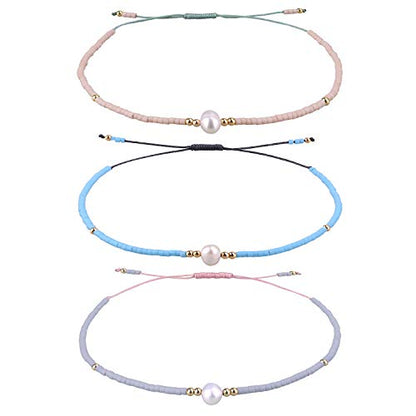 KELITCH 3 PCS Natural Pearls Bracelets Women Strand Thin Rope Friendship Bracelets Handmade Stack Charm Bracelets - color: 02Q