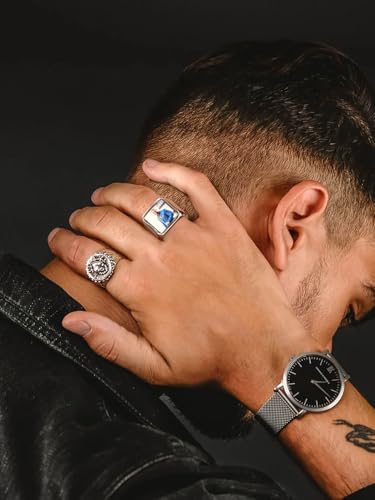 FindChic Customized Signet Photo Rings Square/Heart/Round Chunky Band Ring Stainless Steel/18K Gold Plated/Black Size 7 to 14 Personalized Jewelry for Men Women, Send Gift Box - color: 01. square-no stones (stainless steel)
