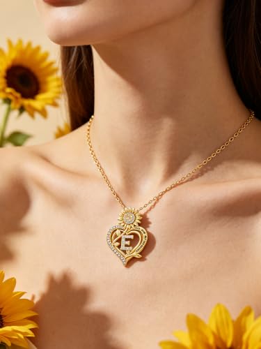14K Gold Sunflower Initial Necklaces for Women | Heart Letter Pendant You Are My Sunshine Jewelry Gifts - style: E