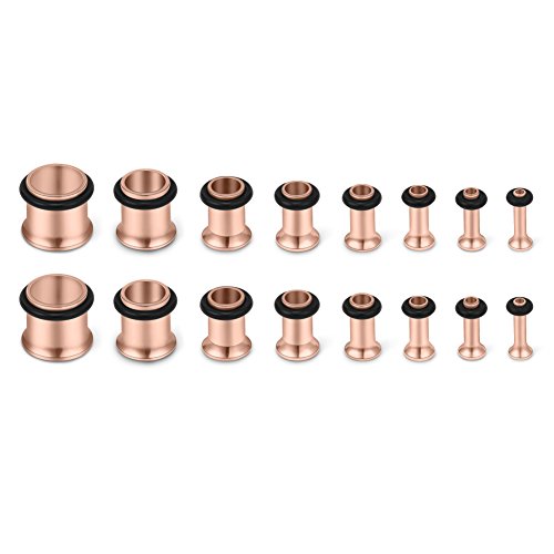 SCERRING 16PCS Ear Tunnels Stretching Kit Stainless Steel Gauge Plugs Set Single Flared Expanders 12G-00G (2mm-10mm) - color: 8Pairs - Rose Gold