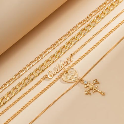 CSIYANJRY99 Layered Gold Necklaces for Women Chunky Gold Necklace Stack Layered Cuban Paperclip Snake Chain Necklace Retro Coin Dainty Pendant Toggle Clasp Necklace - style: Gold Goddess