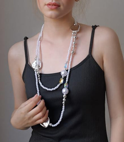 Errally Long Pearl Necklace and Earring Set Layered Pearl Beaded Necklaces for Women White Costume Jewelry Sets Gifts for Mom - color: Silver Piece