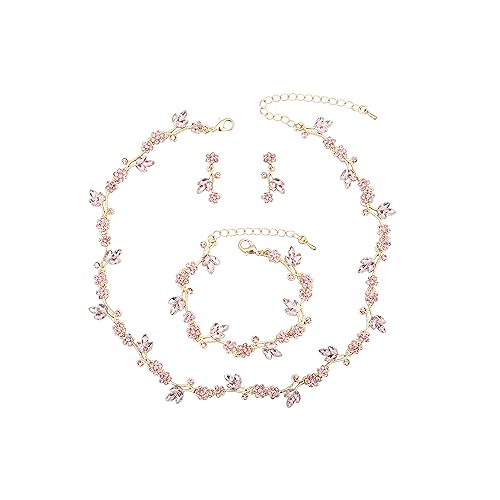 Brides Bridesmaid Flower Leaf Choker Necklace Dangle Earrings Link Bracelet Austrian Crystal Wedding Jewelry Set for Prom Costume Party Accessories for Woman - color: Light Rose-Gold Plated