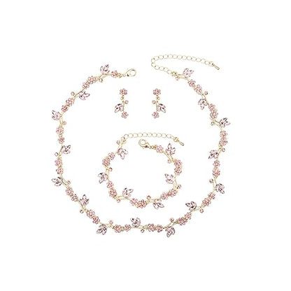 Brides Bridesmaid Flower Leaf Choker Necklace Dangle Earrings Link Bracelet Austrian Crystal Wedding Jewelry Set for Prom Costume Party Accessories for Woman - color: Light Rose-Gold Plated