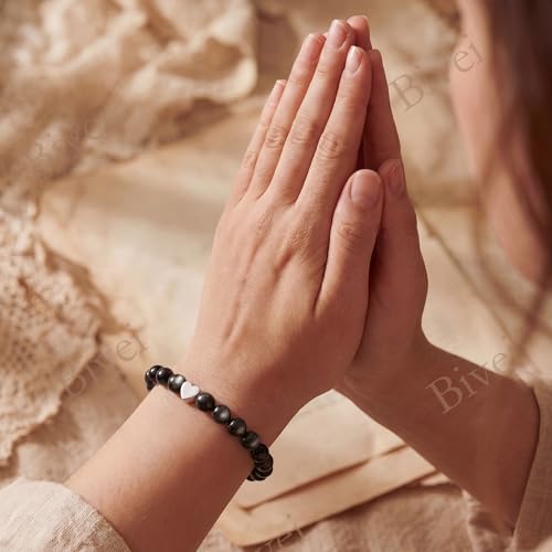 Bivei Crystal Stretch 6mm Bracelets for Women | Handmade Natural Stone Beaded Stretch Bracelet, Stainless Steel Heart Bead, Tranquility Yoga Gift Jewelry for Women - color: Obsidian - Protective