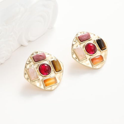 Geometric Large Stud Statement Earrings, Gold Tone Square Stud with Multi-Color Gemstone Design, Fashion Jewelry for Women - color: Red
