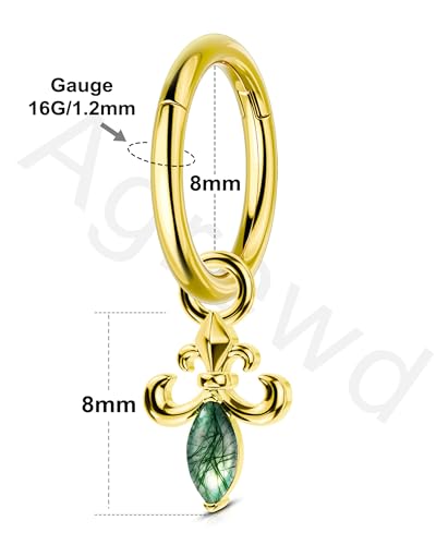 Clicker Rook Piercing Jewelry, 16G Moss Agate Rook Earrings Dangle, Stainless Steel Helix Lobe Hoop Earrings 6/8MM - color: YG-8MM
