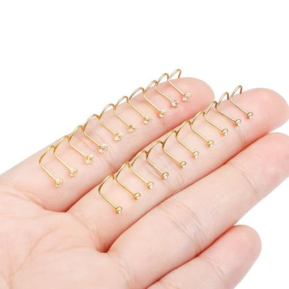 Hoeudjo Nose Studs Surgical Steel Cubic Zirconia Nose Rings Kit for Women Men Tiny Nose Stud Screw & Bone & L Shaped Nostril Piercing Jewelry 24-18 Gauge 20 Pieces Set - color: gold-tone,screw nose studs, size: 22g/2.0mm clear CZ