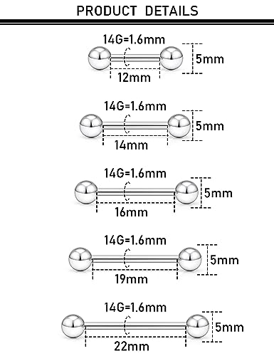 16G 14G 12G Nipple Piercings Tongue Rings Externally/Internally Threaded Hypoallergenic 316L Surgical Steel Nipple Tongue Barbell Piercing Jewelry for Women Men 12mm 14mm 16mm 19mm 22mm - color: 14G/Externally Threaded/12mm-22mm Bars/5mm Balls