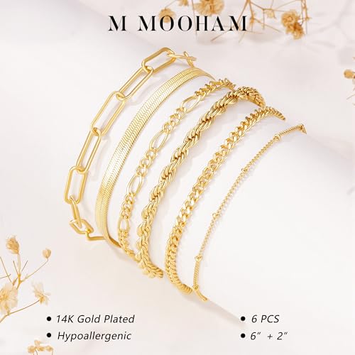 M MOOHAM Gold Bracelets Set for Women No Tarnish | 14K Gold Plated, Dainty Stackable Bracelets Stack for Women, Herringbone Paperclip Rope Cuban Chain Bracelet Set Stack - color: 3.Rope Snake Paperclip Set 1