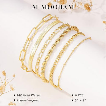 M MOOHAM Gold Bracelets Set for Women No Tarnish | 14K Gold Plated, Dainty Stackable Bracelets Stack for Women, Herringbone Paperclip Rope Cuban Chain Bracelet Set Stack - color: 3.Rope Snake Paperclip Set 1