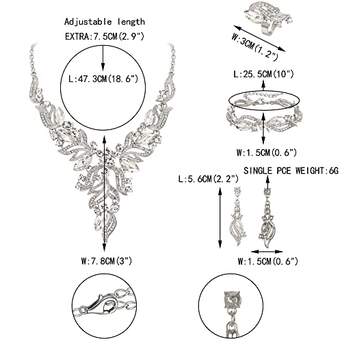 EVER FAITH Bridal Wedding Marquise Crystal Leaf Cluster Statement Y-Shaped Necklace Earrings Bracelet Ring Set for Prom - color: Clear Silver-Tone