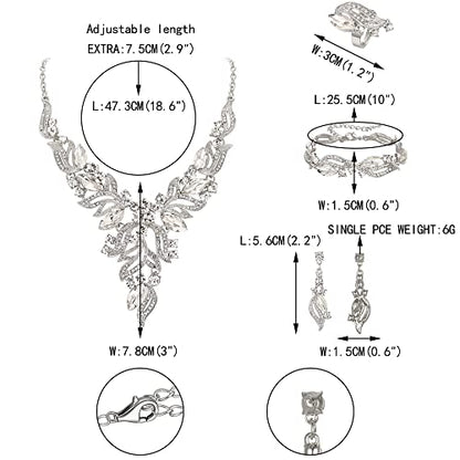 EVER FAITH Bridal Wedding Marquise Crystal Leaf Cluster Statement Y-Shaped Necklace Earrings Bracelet Ring Set for Prom - color: Clear Silver-Tone