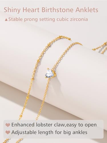 FindChic Bling Heart Birthstone Anklets Layered Beaded Ankle Bracelets for Women Gold/Black/Silver 12 Month Gem Colors Foot Chain Summer Jewelry for Girls, with Gift Box - color: Gold, style: 04. Apr.-Created Diamond(Prong Setting)