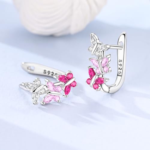 Parmuz 925 Sterling Silver Butterfly Huggies Hoop Earrings for Woman | Gold Plated Cubic Zirconia Star Moon cross Twisted huggie Hoop Post Chunky Small Tiny cuff Snake Heart Earring Gift for Her - color: Pink silver