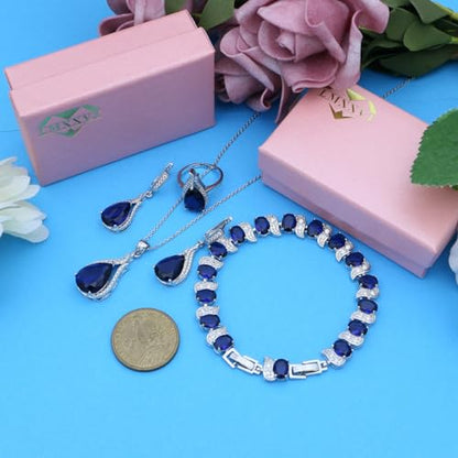LMXXVJ Jewelry Set for Women,Teardrop Cubic Zirconia Necklace Earrings Adjustable Ring Bracelet Jewelry Set Formal Jewelry Gift - color: ZYSD-White Gold-Blue