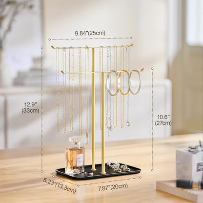pickpiff Necklace Holder Jewelry Organizer Stand – 2‑Tier T‑Bar Jewelry Display Tree with Tray for Countertop Necklace Bracelet Earring Storage, Vanity Dresser Bathroom Sink, Black-Gold - color: Black-Gold