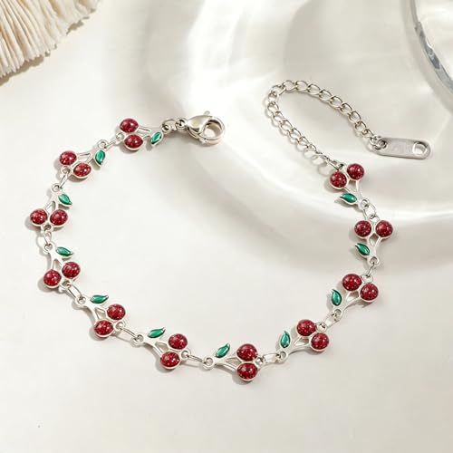 MALOYANVE Red Cherry Jewelry Set for Women 18K Gold Plated Sweet Fruit Dainty Cubic Zirconia Cherry Earring Necklace and Bracelet Summer Tropical Charm Accessories - color: Silver