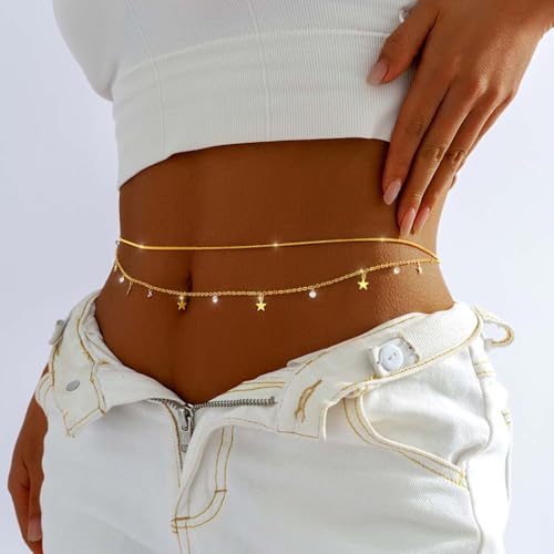 Tgirls Gold Waist Chain for Women Rhinestone Layered Belly Chains Beads Body Chain Heart-Shaped Beach Body Jewelry for Summer - style: Star 1