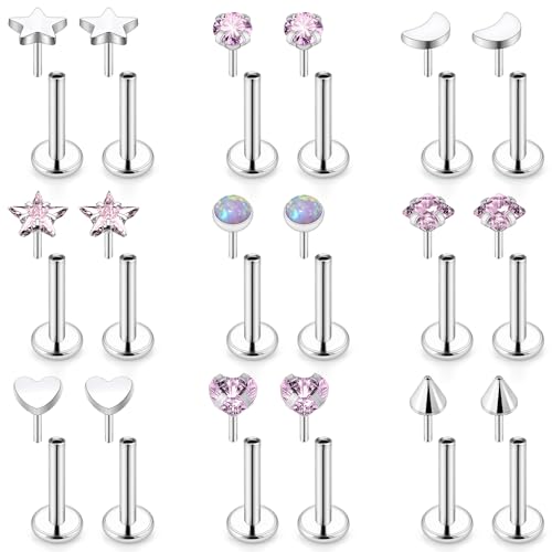 Threadless Noses Rings, Flat Back Earrings, 20/18/16g-Gauge 5/16in-Post 3mm-Top, Hypoallergenic Surgical Steel Medusa Lip Labret Cartilage Helix Tragus Conch Piercing Jewelry for Women Men - color: Pink, size: 16g*8mm