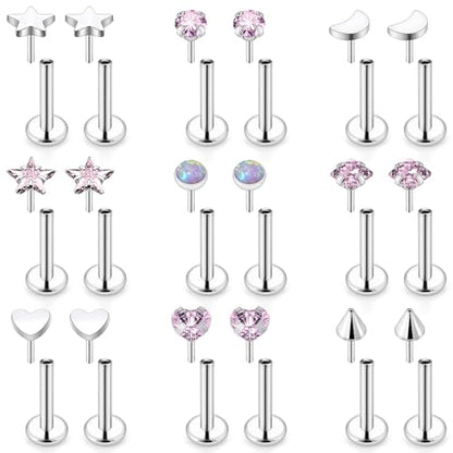 Threadless Noses Rings, Flat Back Earrings, 20/18/16g-Gauge 5/16in-Post 3mm-Top, Hypoallergenic Surgical Steel Medusa Lip Labret Cartilage Helix Tragus Conch Piercing Jewelry for Women Men - color: Pink, size: 16g*8mm