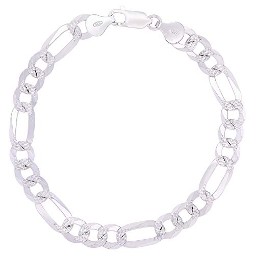 14K Gold or Rhodium Plated Silver Figaro Diamond Cut Pave Chain For Men | 1mm-13mm Thick | Solid 925 Figaro Italian Necklaces For Men - style: 7.50MM- White
