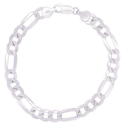 14K Gold or Rhodium Plated Silver Figaro Diamond Cut Pave Chain For Men | 1mm-13mm Thick | Solid 925 Figaro Italian Necklaces For Men - style: 7.50MM- White