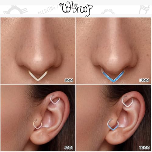 WBRWP 316L Stainless Steel Nose Hoop Rings Clicker with Zircon/Opal 14g-20g | Hypoallergenic Nose Rings Segment Clicker Lip Rings Cartilage Rook Conch Earrings Diameter 5mm-10mm - color: Teardrop with Blue Opal - Gold